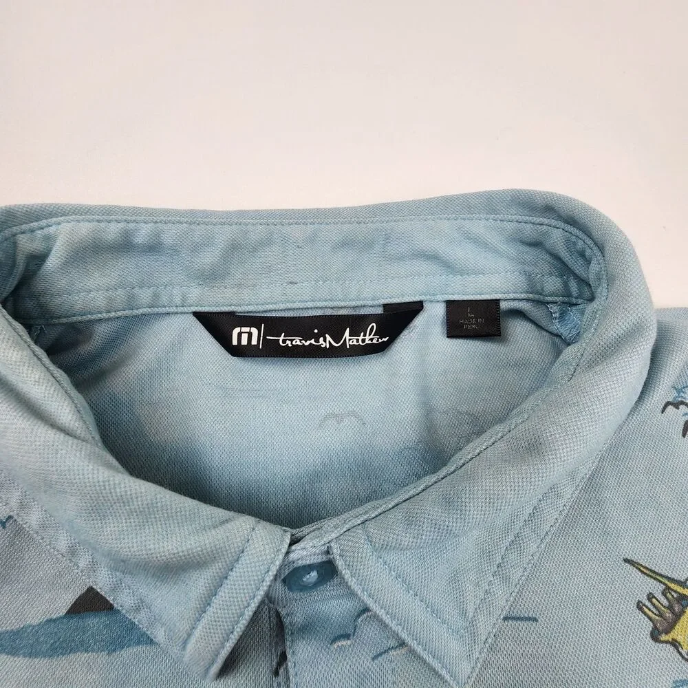 TravisMathew Golf Polo Shirt Men's Large Pelican Print Light Blue Pima Cotton - Picture 6 of 8